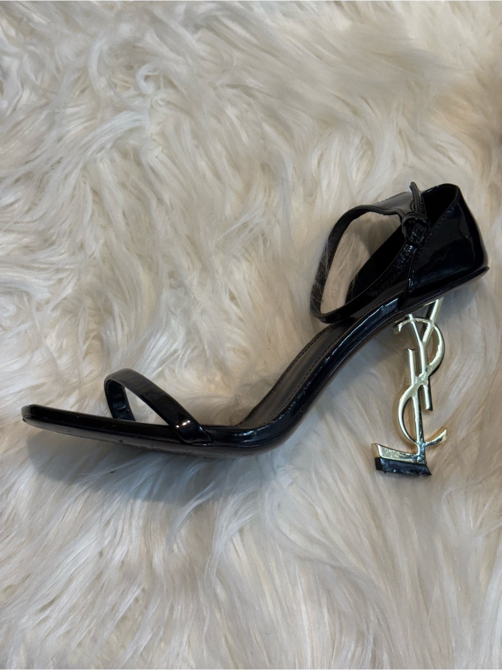 Saint Laurent Black Patent Leather Sandal Heels with Gold Sculptural Heel - Picture 5 of 15